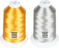 Simthread 2-Pack Trilobal Polyester Thread – 5000M (5500yds) No.40 Tangle-Free, Built-in Thread Lock Spool – Compatible with Brother, Singer, Janome & More,OldGold214+Silver005