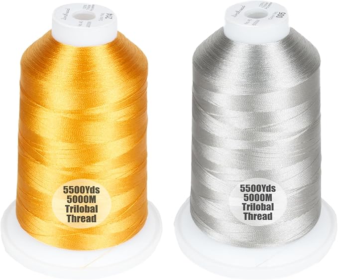 Simthread 2-Pack Trilobal Polyester Thread – 5000M (5500yds) No.40 Tangle-Free, Built-in Thread Lock Spool – Compatible with Brother, Singer, Janome & More,OldGold214+Silver005