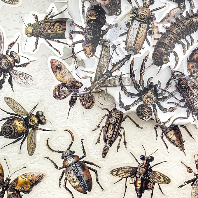 50 Pcs Steampunk Insect Stickers for Scrapbooking – Vintage Mechanical Bug Decals with Gears & Clockwork, Clear Waterproof Aesthetic Stickers for Journaling, Water Bottle, DIY Crafts