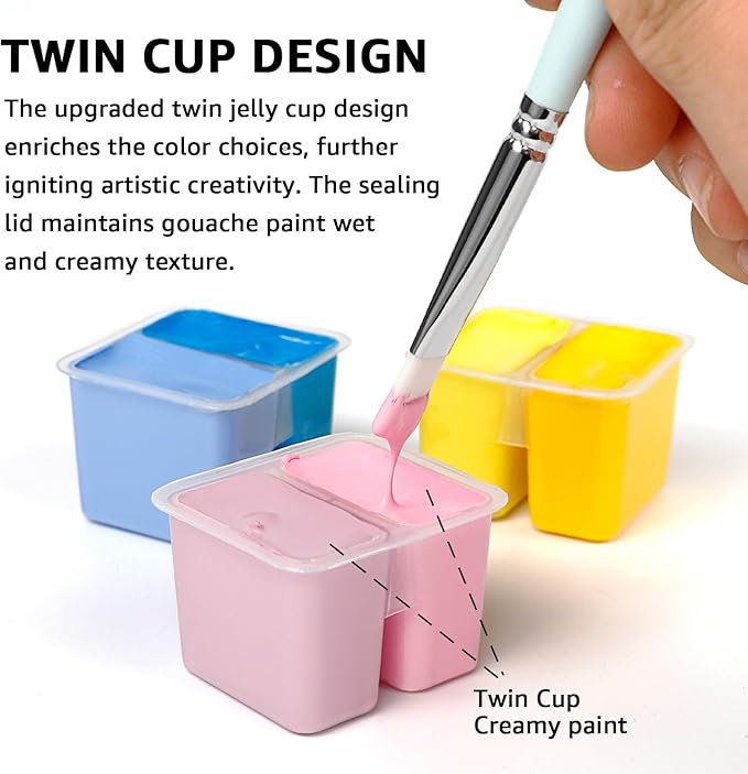 HIMI Gouache Paint Set, 48 Colors x 0.4oz, Twin Cup Jelly Design, bouns 3 Brushes & a Palette, Non-Toxic, Opaque Guache Paint for Canvas and Watercolor Paper - Perfect for Beginners, Students, Artists
