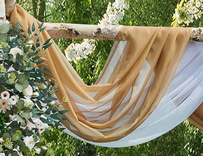 Warm Home Designs Wedding Arch Draping Fabric Bundle - 2 x 288 Inch (24 Feet) Scarves in Caramel Gold & White Fabric for Wedding Ceremony or Decoration. AD White & Gold 288”