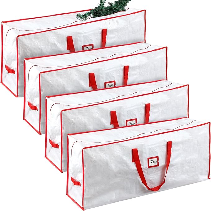 Amylove 4 Pcs Large Christmas Tree Storage Bags Heavy Duty Xmas Zippered Bags Bulk Waterproof Plastic Christmas Tree Container with Carry Handles(7.5 ft,White)