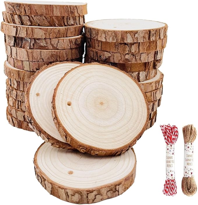 Unfinished Natural Wood Slices 30 Pcs 2.75-3.1 inch Wood Coaster Pieces Craft Wood kit Predrilled with Hole Wooden Circles Great for Arts and Crafts Christmas Ornaments DIY Crafts Rustic Wedding
