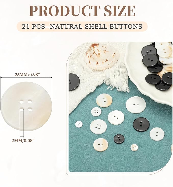 uxcell 21Pcs Natural Shell Button, 4 Hole 25mm Round Mother of Pearl Buttons for Shirt Coats Suits Jacket Jeans Skirts DIY Sewing Crafts, White