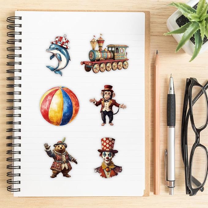 50 Pcs Vintage Circus Scrapbook Stickers – Clear Waterproof Clown, Animal, Tent, Retro Carnival Circus Decals for Journaling, Crafts, Planners, Cards & Laptop Decorations