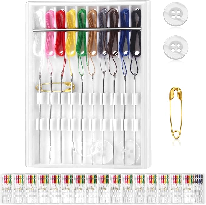 16 Boxes Quick Fix Sewing Kit, Easy Pre Threaded Needle Kit, Personal Sewing Kit Plastic Threaded Needle Holder Small Home Travel Sewing Box with Pin Button, Each Box with 10 Pieces Colors