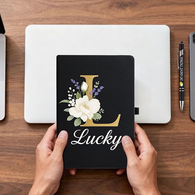 Monogrammed Journal with Pen Set, Initial L - Inspirational Gifts for Women, A5 Hardcover Notebook for Writing with Lucky Floral Design, 192 Lined Pages, 8.3x5.8 (Black Cover)
