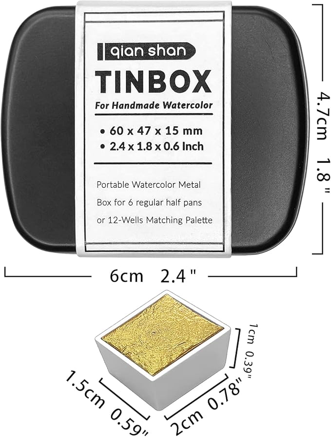 qianshan Mini Portable Handmade Artist Watercolor Paint Travel Tin Box Set with 6 Metallic Pearlescent Glitter Solid Watercolor Half Pans Sparkle Professional Watercolor.Gold