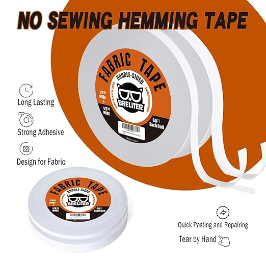 Double-Sided Fabric Tape (2 Rolls) - 65FT Length, No Sewing or Ironing Required, Perfect for Quick Clothing Repairs, Fabric Bonding, and DIY Crafts (1/4inch+1/2inch)