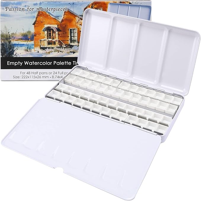 MYARTOOL Empty Watercolor Palette, Empty Watercolor Tin Palette Paint Case with 48 Watercolor Half Pans for DIY Travel Watercolor Palette, Sketching and Plein Air Painting