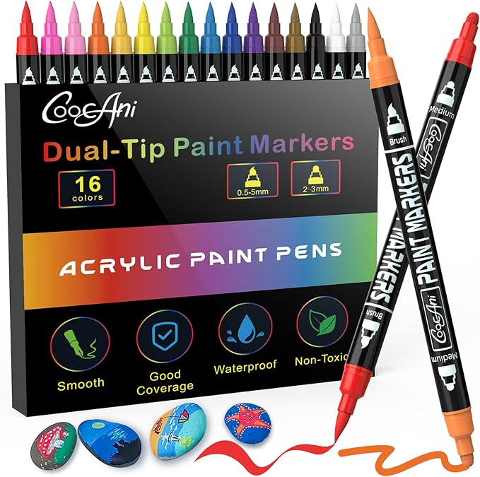 16 Colors Dual-tip Paint Marker, Brush and Medium Tip Acrylic Paint Markers for Wood,Rock Painting, Plastic, Canvas, Fabric, Glass,Mugs Almost Surface, DIY Project, Art Supplier