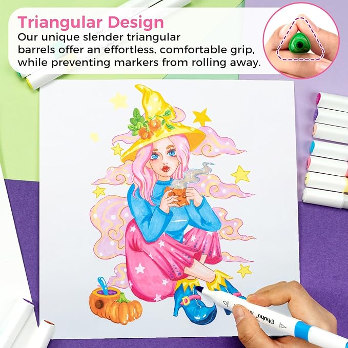 Ohuhu Alcohol Markers Brush Tip: Double Tipped Art Marker Set for Artists Adults Drawing Sketching Illustration - Brush Chisel Color Markers - Pack with 94 Vibrant Colors 2 Marker Cases 2 Blenders