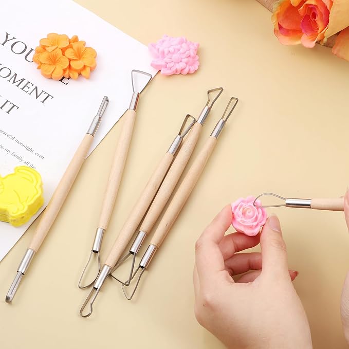 6 Pcs Clay Sculpting Tools, Wire Loop Sculpture Tools, Double Head Wooden Handle Clay Carving Tools Set, Clay Sculpting Tools for Beginner Level Pottery and Smoothing, Cleaning, Carving, Shaping
