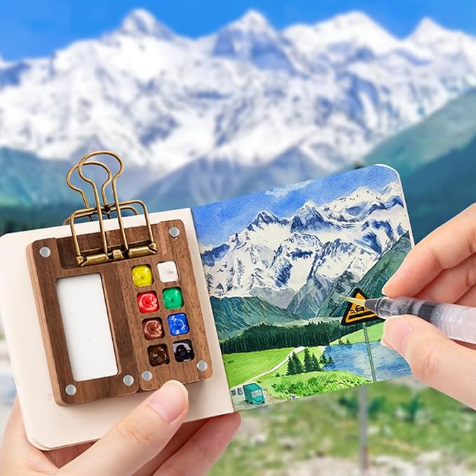 Mini Travel Watercolor Set Pocket Artist Watercolor Travel Set Grid Palette Box Sketch Book With Binder Clips Art Painting Kits For Painters Artists Students