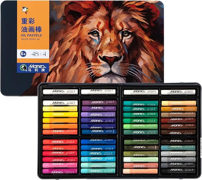 Marie's 48 Colors Oil Pastels with 4 Bonus White Pencils in Tin Box,Vibrant Colors for Smooth Blending & Layering, Oil Pastels for Artists, Students, Teachers & Beginners (10x70mm)