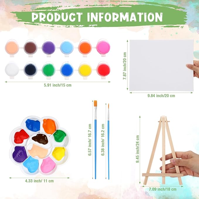 Qilery 12 Set Acrylic Paint Kit Mini Stretched Canvas with Easel, Acrylic Paints Strips, Brushes, Palette, Art Set for Kids Adults Classroom Birthday Party Favors (8 x 10 Inch)