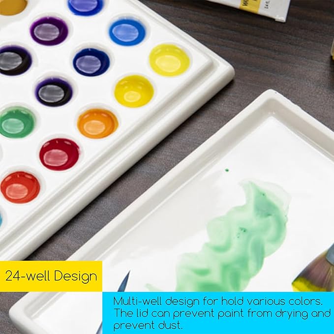 MEEDEN 24-Well Ceramic Watercolor Paint Palette with Cover, Porcelain Mixing Artist Palette 6 by 4-1/2 inch for Artist Watercolor Gouache Painting Coloring