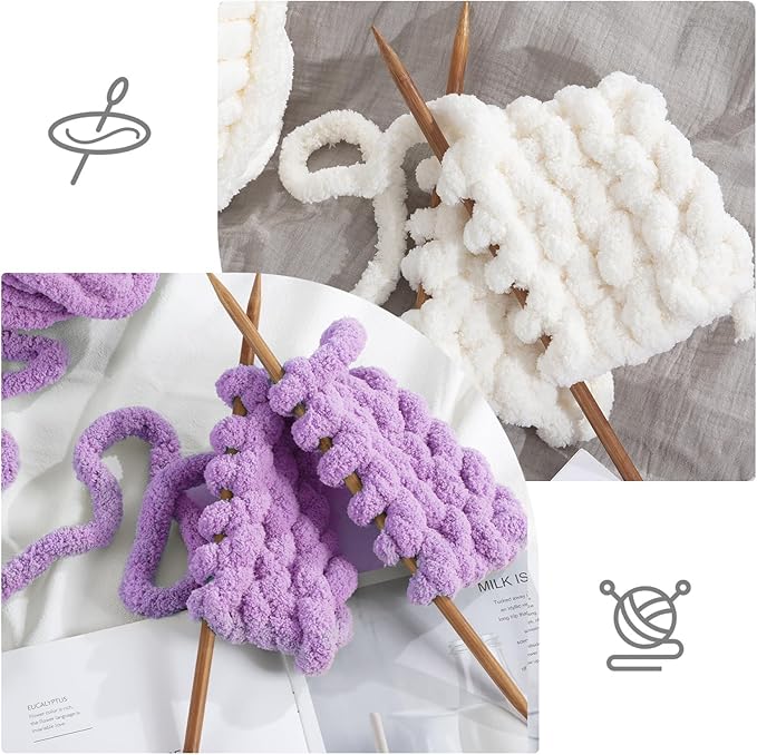 HOMBYS 8 Pack Assorted Chunky Yarn for Crocheting,Super Bulky Large Soft Fluffy Yarn,Plush Fuzzy Yarn,Thick Chenille Yarn for Hand Knitting/Arm Knitting,4 Cream,4 Purple(27yds,8 oz Each Skein)