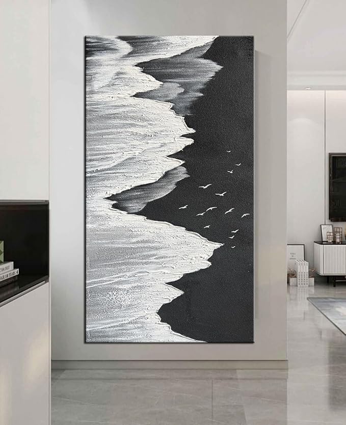 YaSheng Art - Oil Painting on Canvas Texture Black and White Ocean scenery sandbeach 3D Oil Painting Hand-Painted Abstract Artwork Paintings Modern Home Decor Living room sofa bedroom dining room hanging pictures Canvas Wall Art 24x48inch