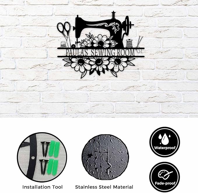 Custom Sewing Machine Sign, Personalized Name Sewing Room Decor with Quilting Supplies Pattern, Customized Mother's Day Quilting Gifts for Quilters Women Mom Grandma Wife Sewing Lover