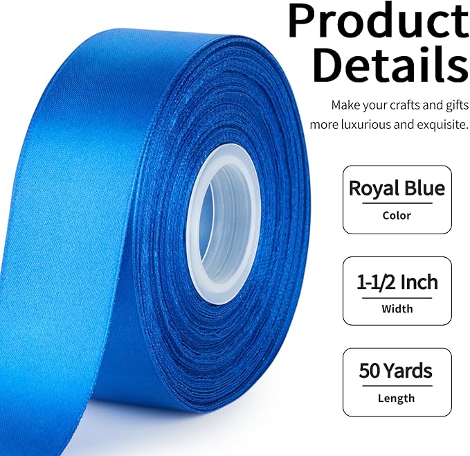 1-1/2 Inch Wide Royal Blue Satin Ribbon, 50 Yards Solid Polyester Fabric Ribbon for Roses Making, Gift Wrapping, Wedding Decorations, Crafts, Bows