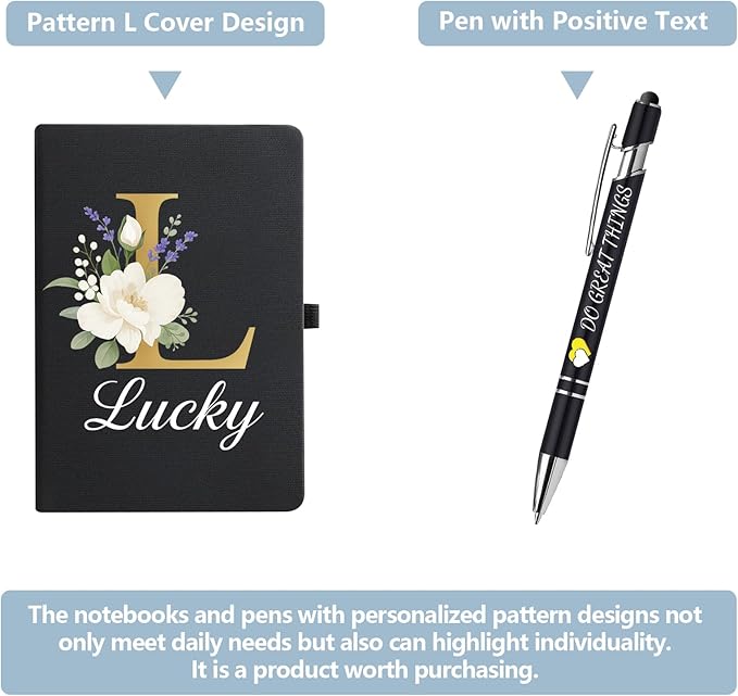 Monogrammed Journal with Pen Set, Initial L - Inspirational Gifts for Women, A5 Hardcover Notebook for Writing with Lucky Floral Design, 192 Lined Pages, 8.3x5.8 (Black Cover)