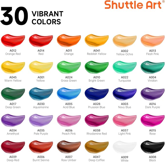 Shuttle Art 46 Pack Acrylic Paint Set, 30 Colors Acrylic Paint with 10 Brushes 3 Canvas 1 Knife Palette Sponge, Complete Painting Set for Kids, Adults, Beginners, Painting Wood, Ceramic