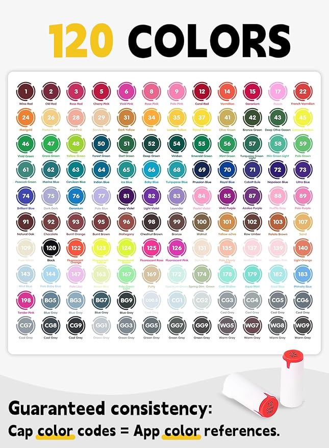 YHC 120 Alcohol Brush Marker with Free App, Chen Rui Dual Tips Art Markers for Adults, Alcohol Based Brush & Chisel Tips Markers for Drawing, Coloring, Painting, Sketching