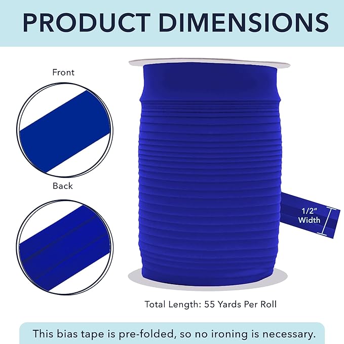 Mandala Crafts 1/2 Inch Single Fold Bias Tape for Sewing, Quilting, Piping, Hemming, Blanket & Quilt Binding – 55 Yards Blue Fabric Seam Binding Tape