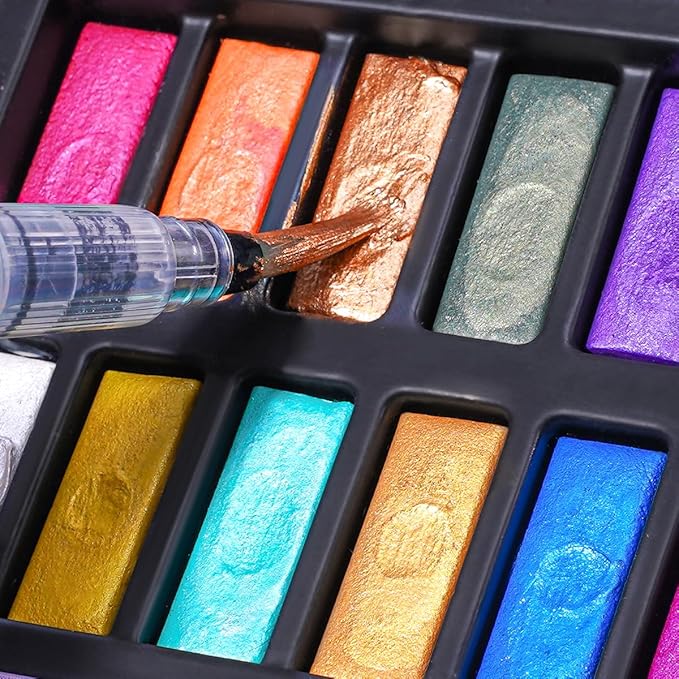 Watercolor Paint Set,18 Colors Glitter Watercolor Paint(12 Metallic Colors and 6 Chameleon Colors),Portable Travel Watercolor Set with Water Brush Pen,Pencil,Eraser,Watercolor Paper,for Adult Beginner