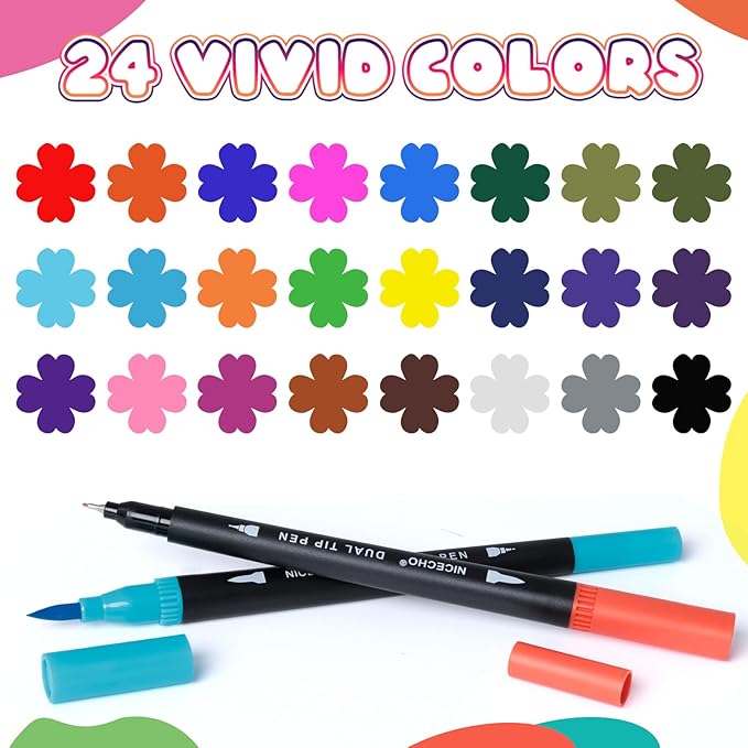 Nicecho 24 Colors Dual Tip Art Markers Pens for Adult Coloring Books, Brush and Fineliner Tip Art Suppliers for Journaling Note Taking Lettering