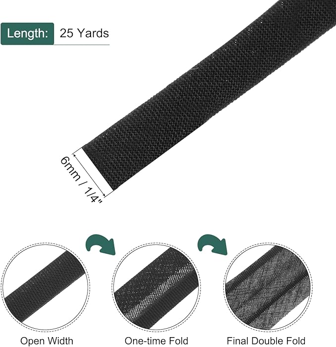 MECCANIXITY 1/4 Inch Double Fold Bias Tape Polyester Continuous Bulk Bias Tape for Sewing,Seaming Quilting Hemming Binding Crafts (Black 25 Yards)