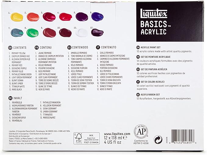 Liquitex BASICS Acrylic Paint Set, 12 x 118ml (4-oz) Tube Paint Set