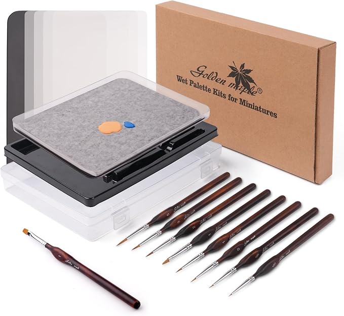 Wet Pallets for Painting Miniatures - Stay Wet Palette for Acrylic Painting Kit with 9PCS Miniature Paint Brushes, 50PCS Pallet Paper, 2PCS Sponge, 1PC Brush Holder, 1PC Sponge Tray