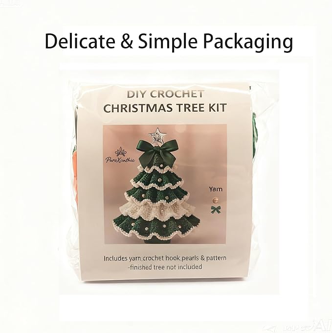 DIY Crochet Christmas Tree Kit – Handmade Holiday Decoration Set,Parent-child activities craft kit,Tree Bow Pearl Embellishment,Cross-stitch by hand,Festive decorations (Multicolour) (Green & White)