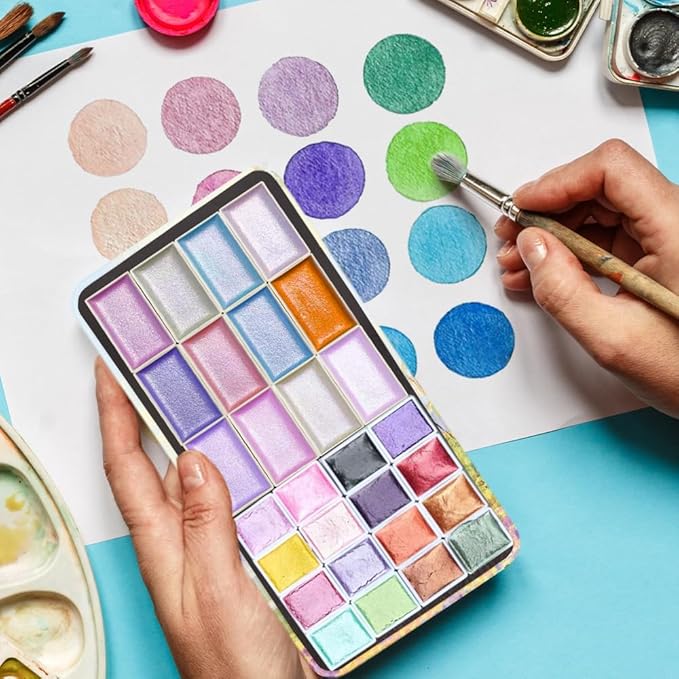 Portable Watercolor Paint Palette with Tins, Lightweight 28Empty Pans with Magnetic Squares, Metal Watercolor Palette for Travel, Acrylics Painting and Art, Paint Tray Palettes 12Full+16Half Pans