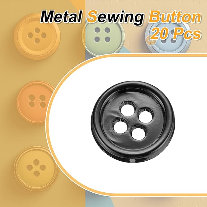 HARFINGTON 20pcs Metal Sewing Button, 11.5mm 4-Hole Round Suit Shirts Coats Clothes Sewing Buttons for Decoration Craft, Gunmetal