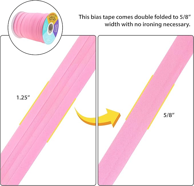 Mandala Crafts 55 Yards 5/8 Inch Pink Double Fold Bias Tape for Sewing - Bias Binding Tape for Quilting Binding, Hemming, Seam, and Fabric Piping