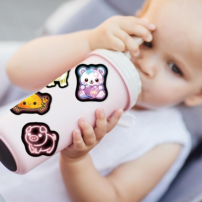 70 Pcs Cartoon Animal Water Bottle Stickers for Kids, Cute Neon Vinyl Laptop Decals, Teens Girls Boys Adults Phone Case Skateboard Luggage Decor