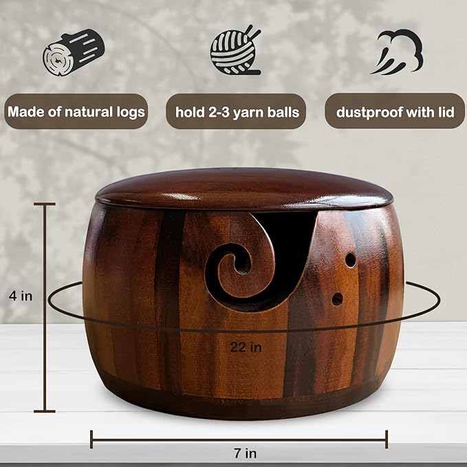 Wood Yarn Bowl with Lid, Crochet Bowls for Yarn,Knitting Yarn Bowl with Holes Storage,Yarn Holder Bowl for Crocheting and Knitting 7X4in,Knitting Bowl for Handmade Crocheting Accessories