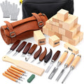 Therwen 45pcs Wood Carving Kit Included 16 Whittling Knife Chisel Set with Leather Storage Bag, 24 Basswood Carving Blocks, Wood Whittling Tool for Beginners Enthusiasts Craft Gift for Christmas