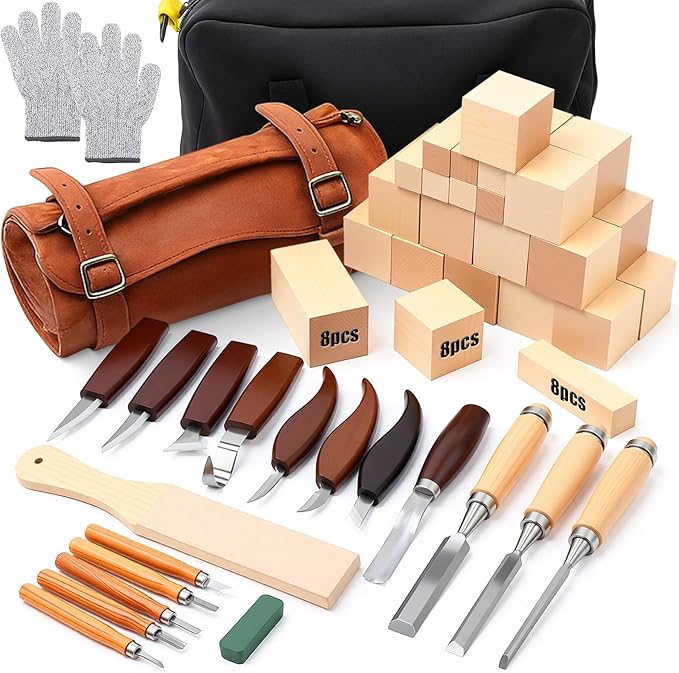 Therwen 45pcs Wood Carving Kit Included 16 Whittling Knife Chisel Set with Leather Storage Bag, 24 Basswood Carving Blocks, Wood Whittling Tool for Beginners Enthusiasts Craft Gift for Christmas