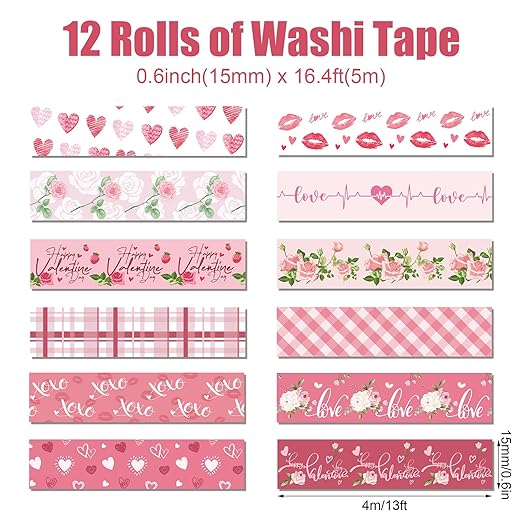 12 Rolls Pink Heart Washi Tape Set, Valentine's Day Love Heart Masking Tape Decorative Paper Tape for DIY Craft Wrapping Scrapbook Envelope Wedding Party,16.4FT