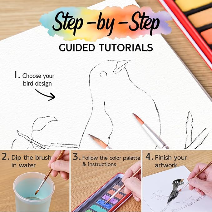 Watercolor Workbook, Water Coloring Book, Beginner Friendly Water Painting Book, Watercolor Sketchbook Paint Book with 12-Color Paint Set & Brush for Adults and Teens(Birds)
