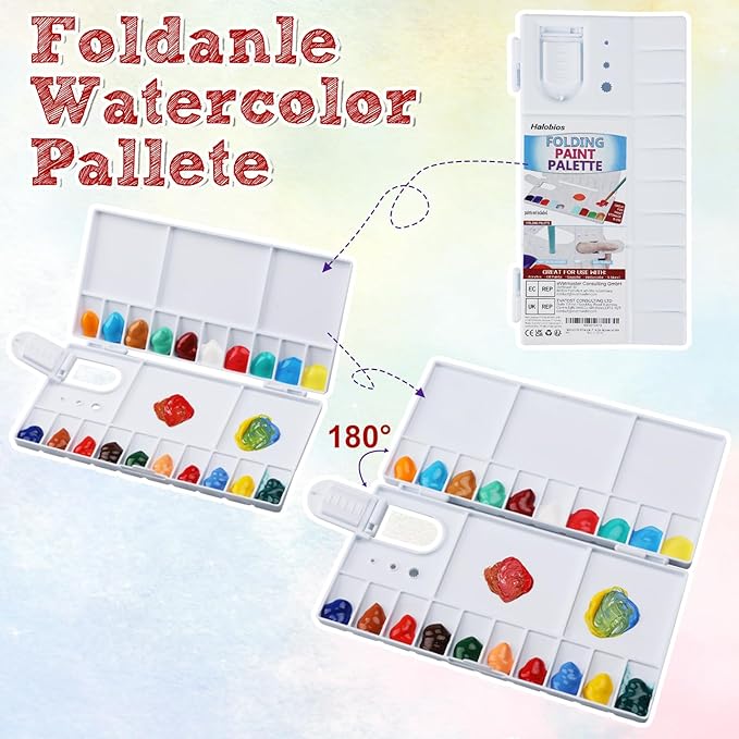 5 Pack Watercolor Palette, Halobios Paint Palette with 20-Well and 5 Mixing Areas, Folding Paint Tray with Lid, Plastic Painting Palette for Children Beginners Artists