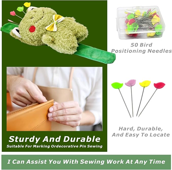 Lovely Frog Wrist Pin Cushion Kit for Sewing with 50 Cute Bird Needles,Including Threader, Thimble ＆Tape Measure for Hand Sewing Cross Stitch Craft Knitting Quilting.