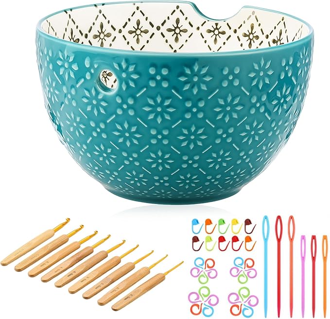 Suncalla Yarn Bowls for Crocheting Knitting, Ceramic Yarn Bowl with 9 Pcs Crochet Hooks and Tools, Knitting Craft Holder with 3D Relief Pattern, 6'' Large Wool Storage Christmas Gifts for Crocheters