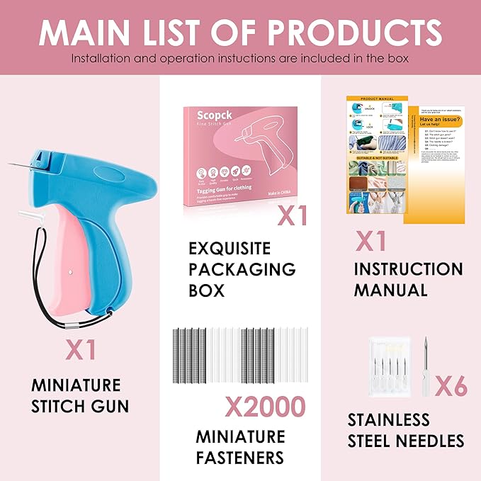 Stitch Gun for Clothes - Handheld Stitch Tag Gun Quick Clothing Fixer - Tagging Gun - Sewing Kit Includes 6 Needle, 1000 Black Fasteners and 1000 White Fasteners (Blue, Pink)