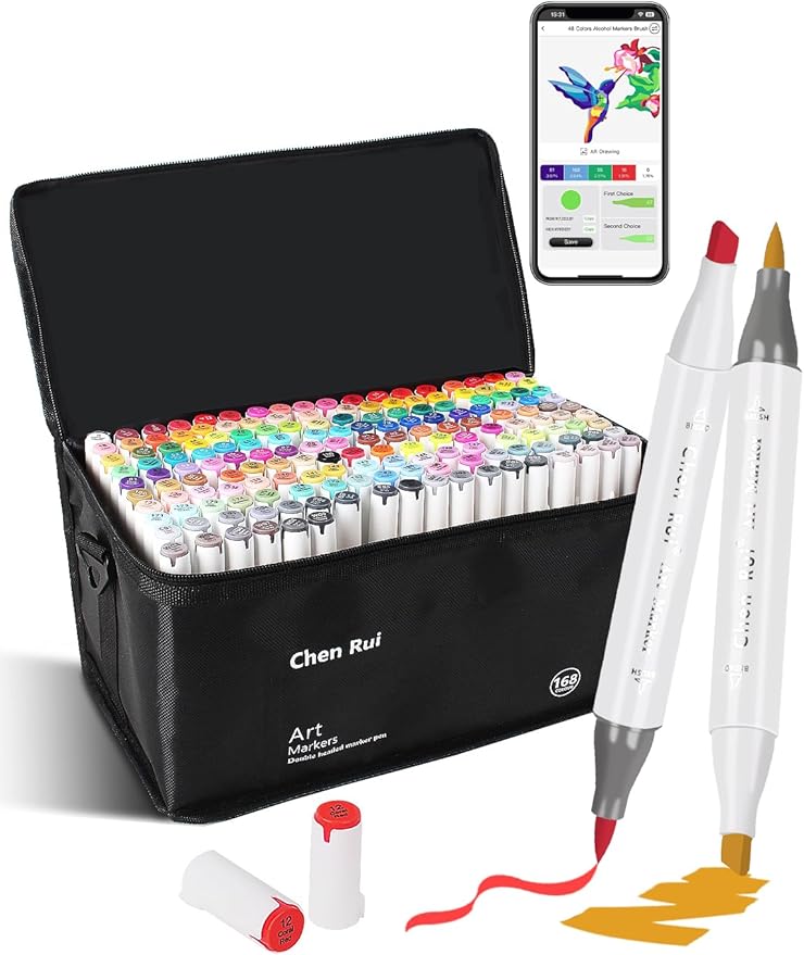 YHC 168 Alcohol Brush Marker with Free App, Chen Rui Dual Tips Art Markers for Adults, Alcohol Based Brush & Chisel Tips Markers for Drawing, Coloring, Painting, Sketching