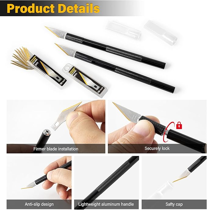 Gomake Exacto Knife Set 2PCS Precision Hobby Knife With 20 Packs #11 Titanium Coated Replacement Blades,Utility Cutting Tool for Crafting Scrapbooking Rubber Stamps Handmade Work